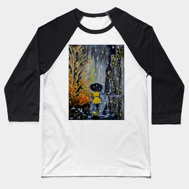 Lady enjoying walking through the city at night while it's raining. Baseball T-Shirt by kkartwork